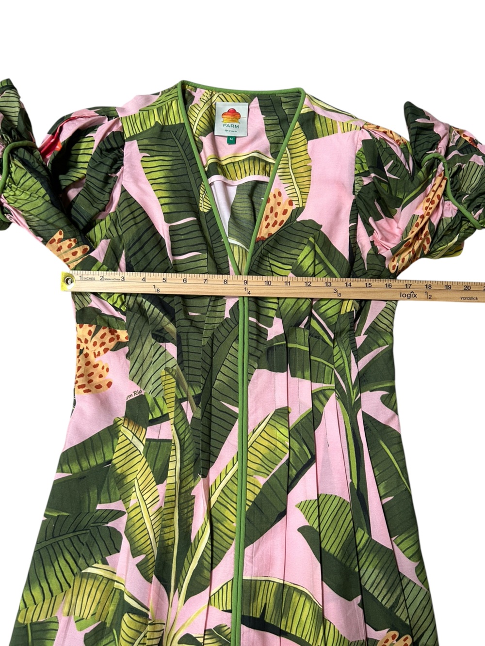 FARM Rio Pink Tropical Banana Leaf Mini Dress Puff Sleeve V-Neck Size Medium - Picture 7 of 10